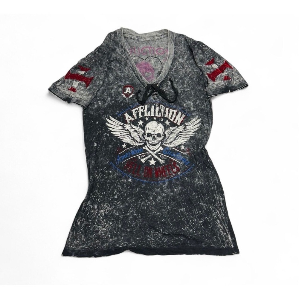 Affliction Reversible Graphic T-Shirt Grey Acid Wash Skull Heart Lace Up 0212